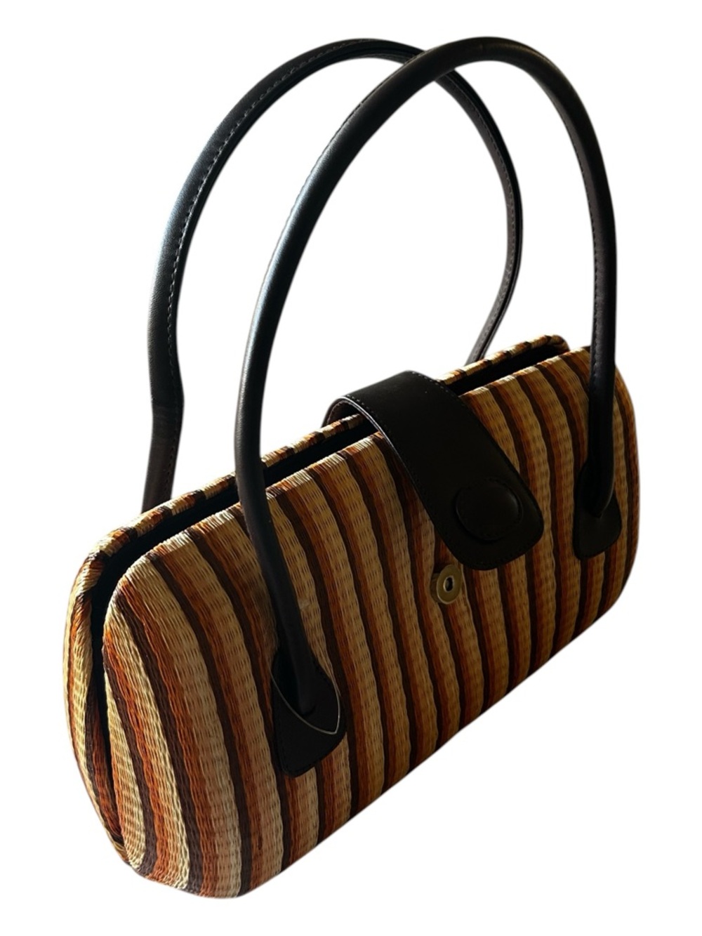 THE SAK Woven Straw Stripe Hardshell Handbag with Dark Brown Trim - Picture 2 of 13